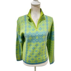 Obermeyer 1947 signature lime Green & blue wool blend Half-Zip Sweater Medium